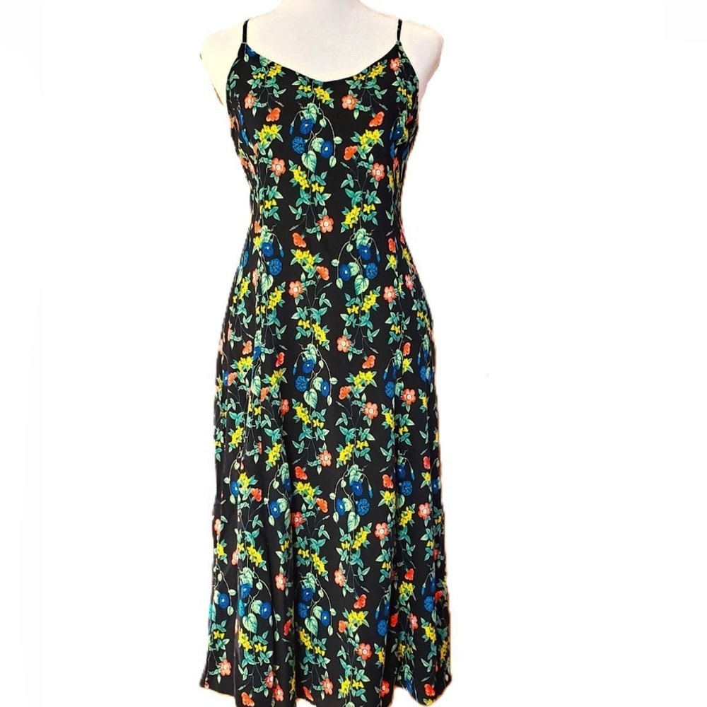 Cottagecore Black Floral Flowy Boho Midi Strap Old Navy Dress Feminine Size M